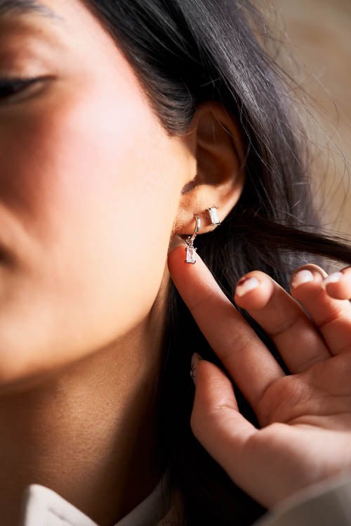 CELESTE - Drop Plated Huggies + Rectangle Earrings + Pave Huggies - seona - beauty_salon_wholesale
