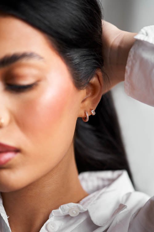 CELESTE - Drop Plated Huggies + Rectangle Earrings + Pave Huggies - seona - beauty_salon_wholesale