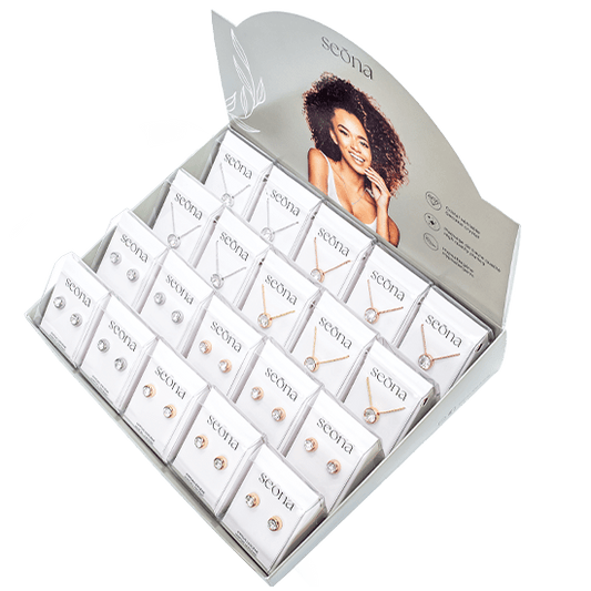 AMBER - 7.5mm Bezel Crystal Earrings + 9.7mm Bezel Crystal Necklaces – MIX 20 Pack Pop Up Display - seona - beauty_salon_wholesale