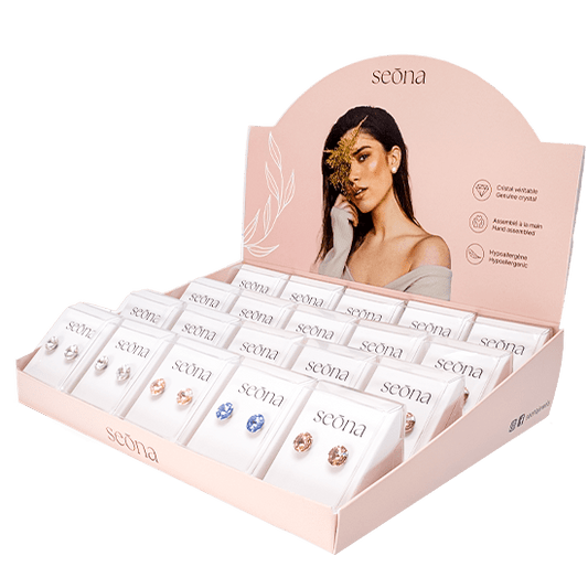 MILA - 8.3mm Rivoli Crystal Earrings - 20 Pack Pop Up Display - Hypoallergenic - seona - beauty_salon_wholesale
